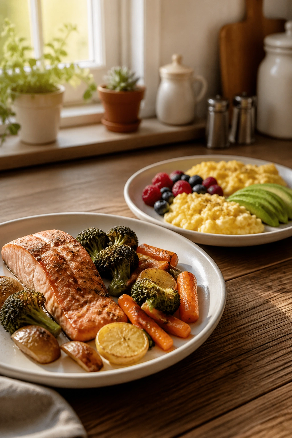 Two plates showing dinner and breakfast portions on a rustic kitchen table illustrating a 12-hour eating window
