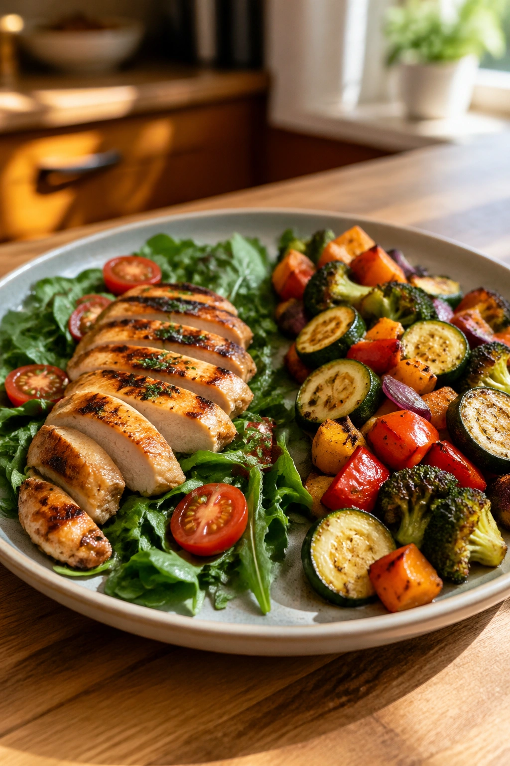 Plate with two meal portions representing a structured eating window on a warm kitchen counter