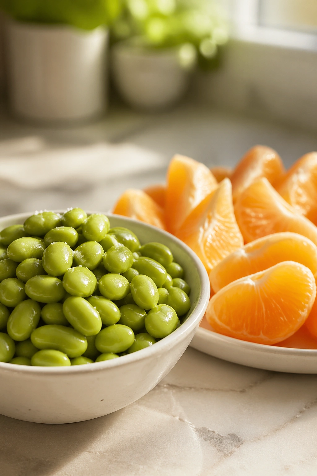 Edamame with citrus fruit on a bright kitchen counter.
