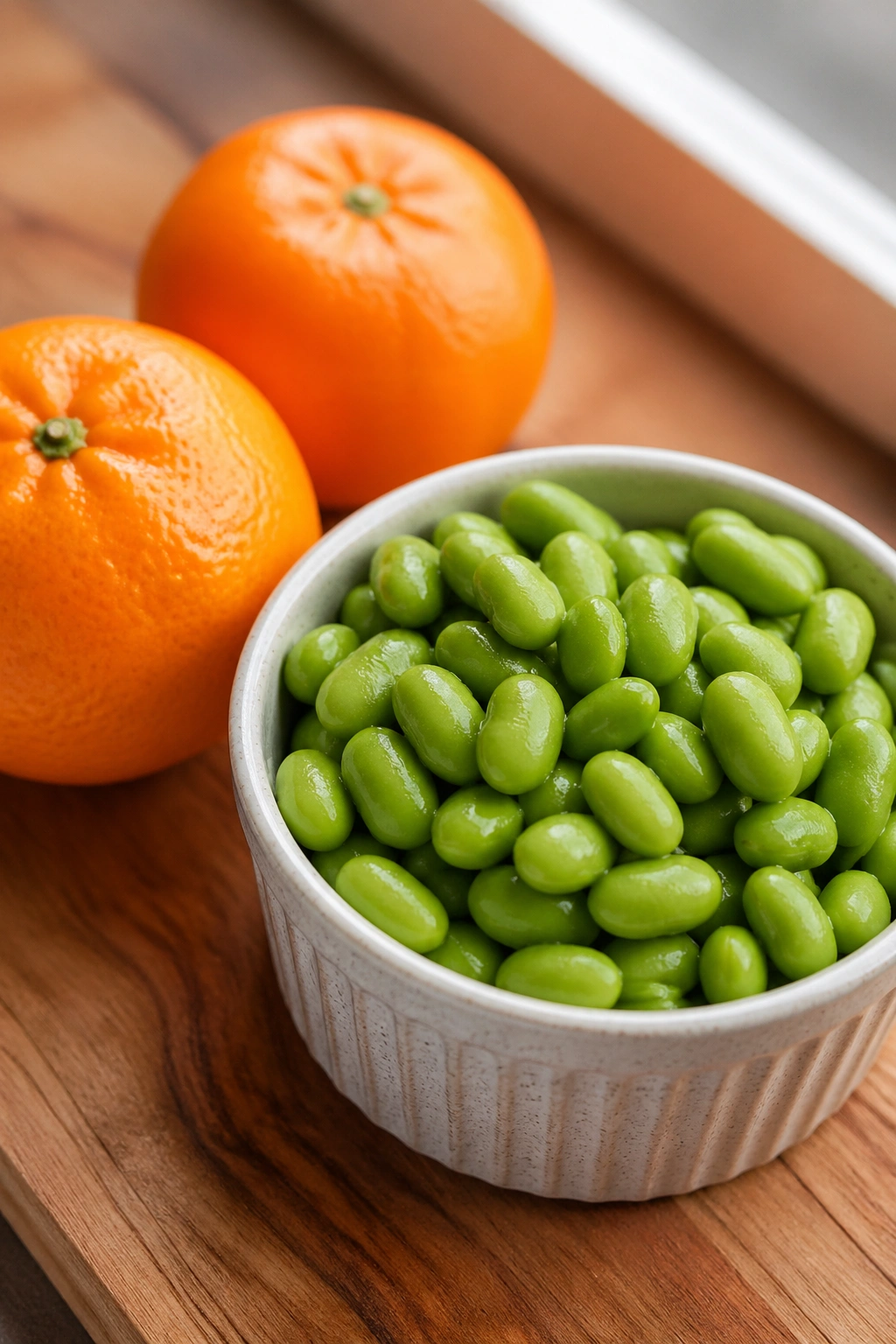 Small cup of edamame with clementines on a wooden surface