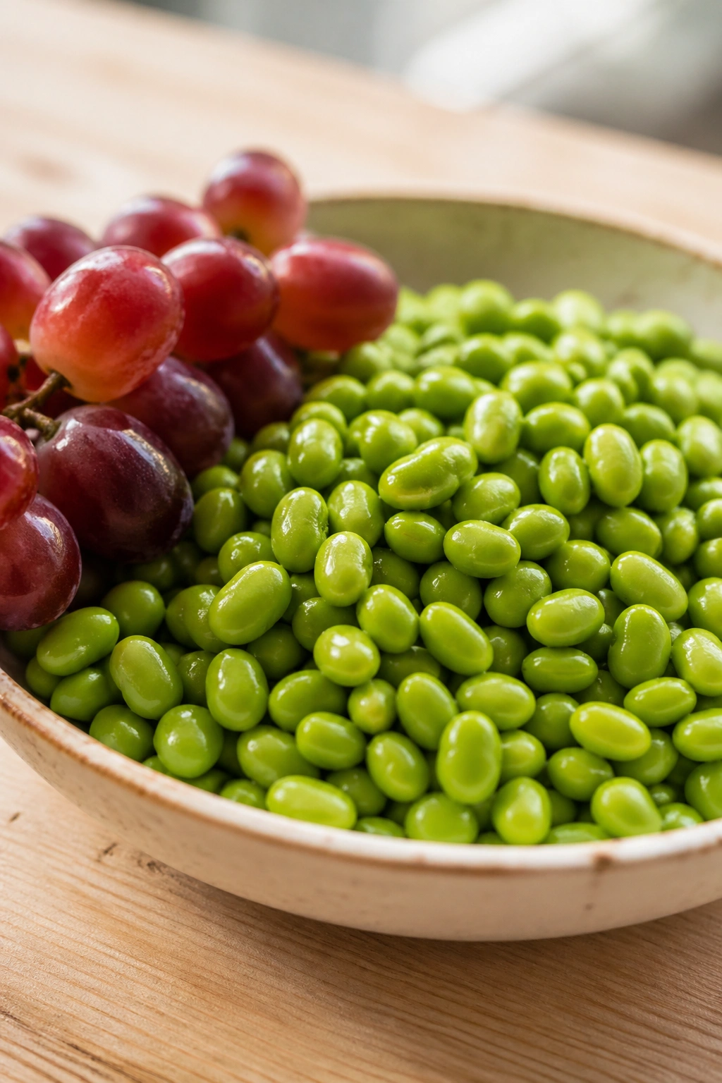 Close-up of edamame and grapes on a wooden table