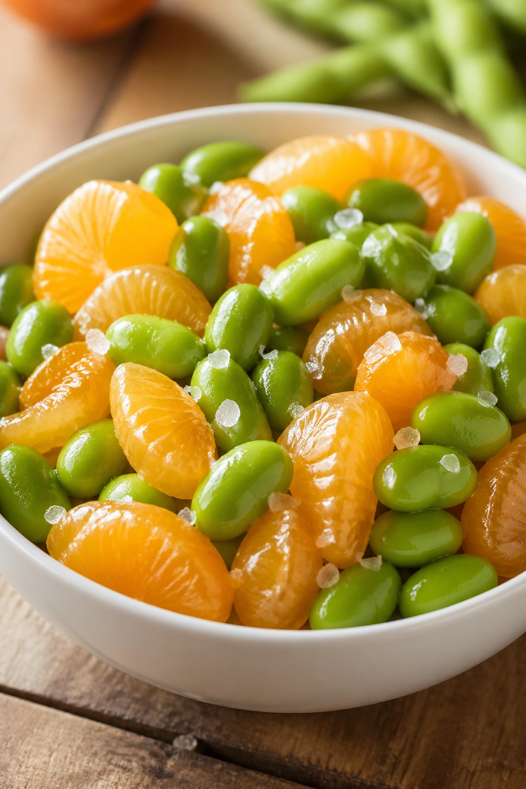 Close-up of edamame with mandarin orange and sea salt in a bowl