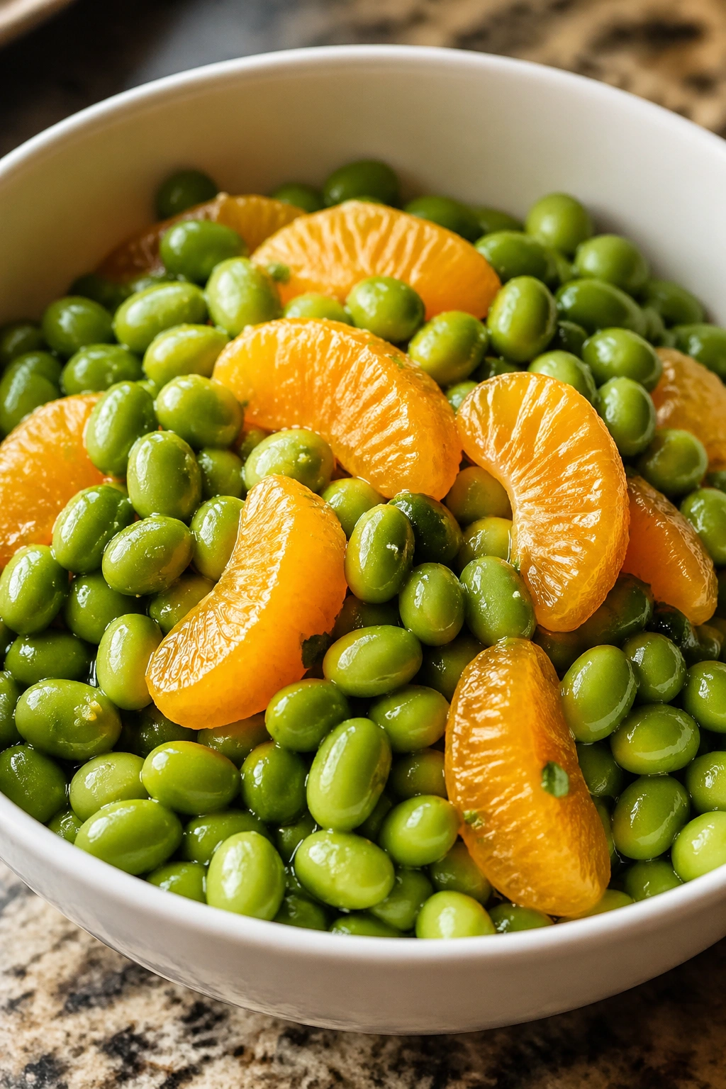 Close-up of edamame and orange segments in a bowl