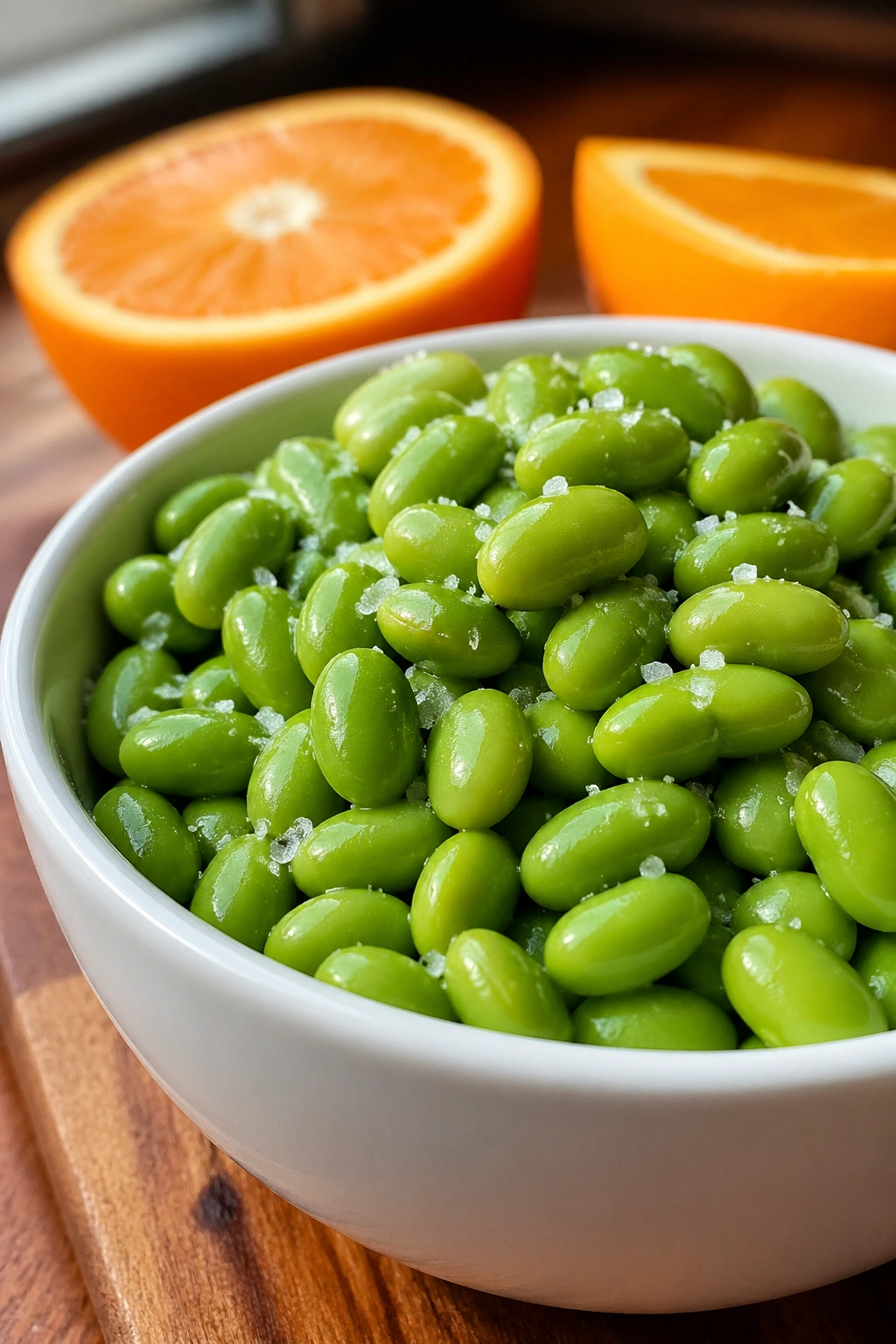 Close-up of shelled edamame with sea salt and an orange in a warm kitchen