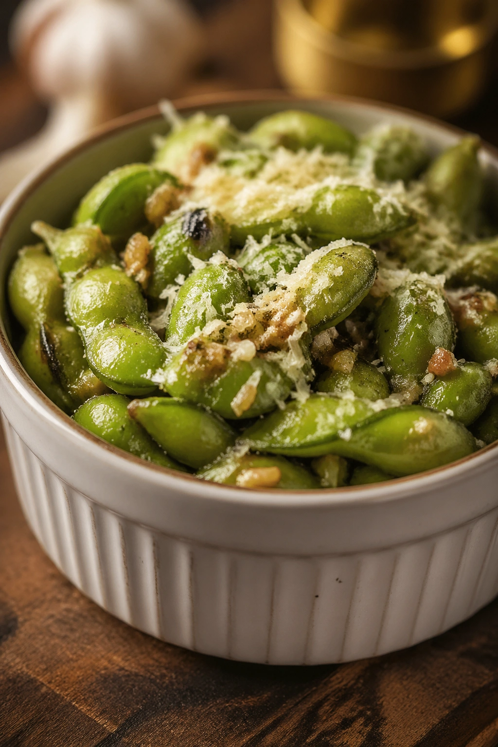 Single edamame parmesan cup in a ramekin