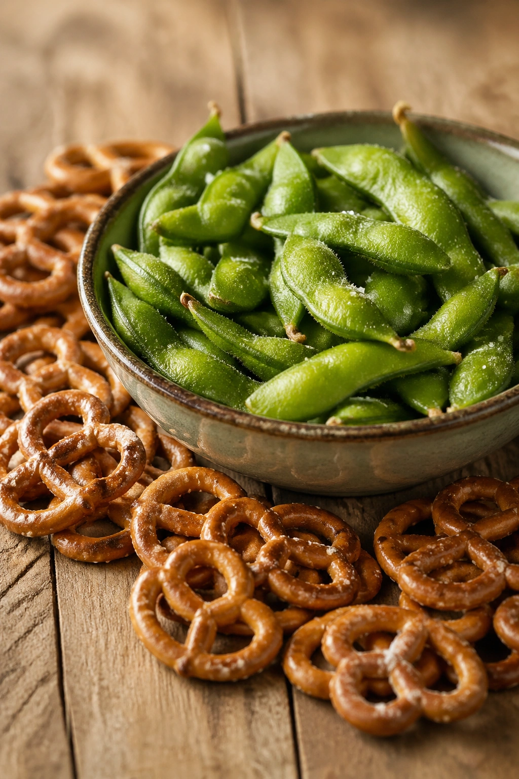 Bowl of edamame with pretzels on a wooden table