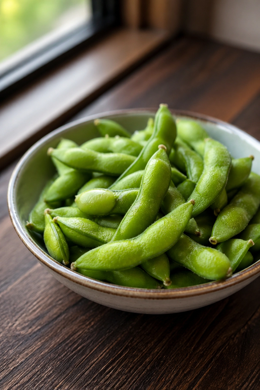 Bright green edamame pods in a small bowl