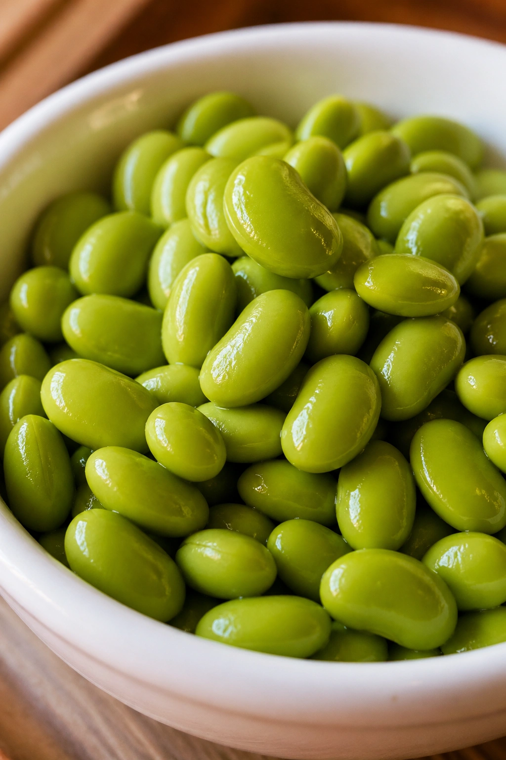 Close-up of warm shelled edamame in a small white bowl