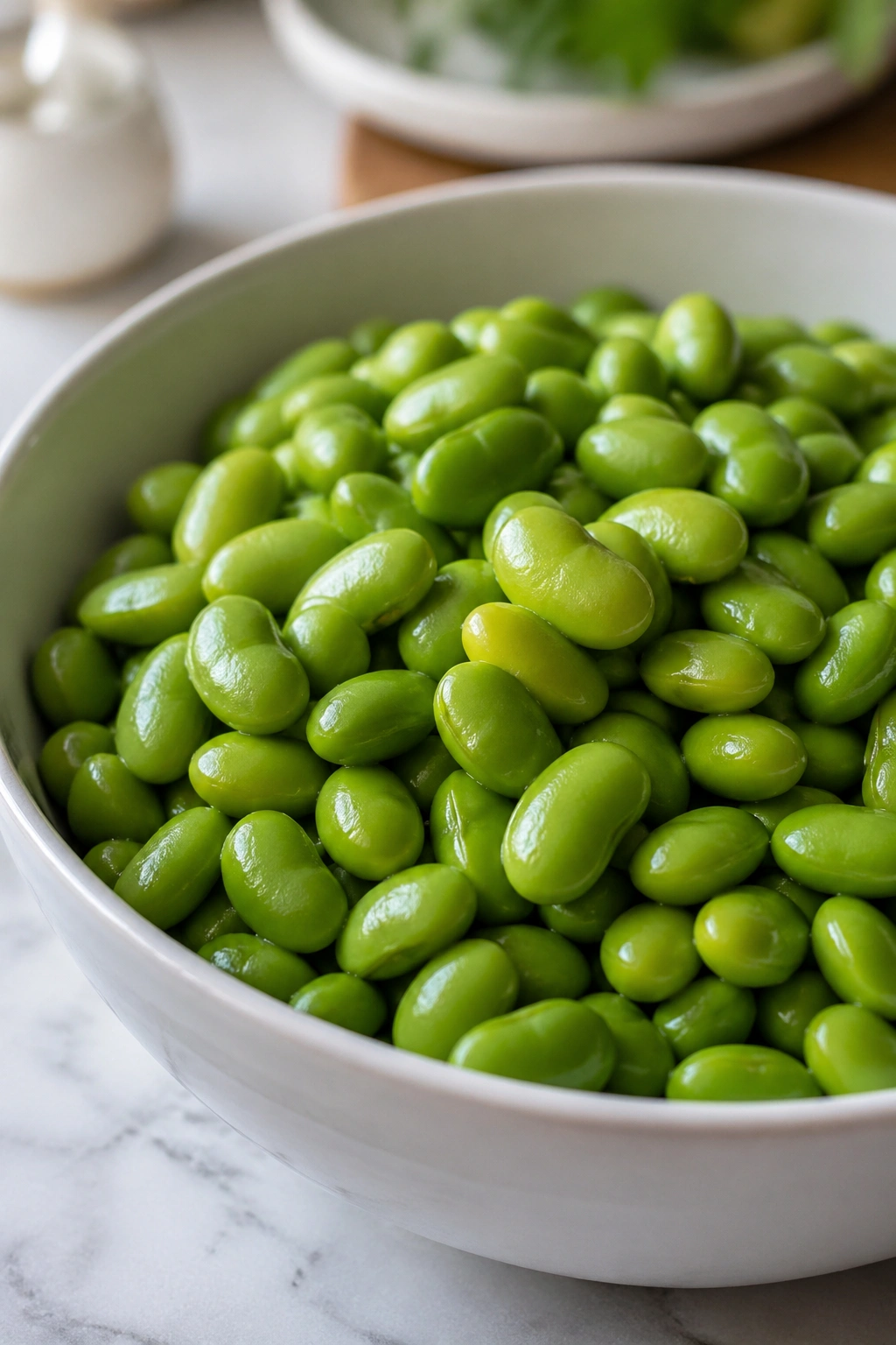 Bright green shelled edamame in a white bowl on a blurred kitchen counter