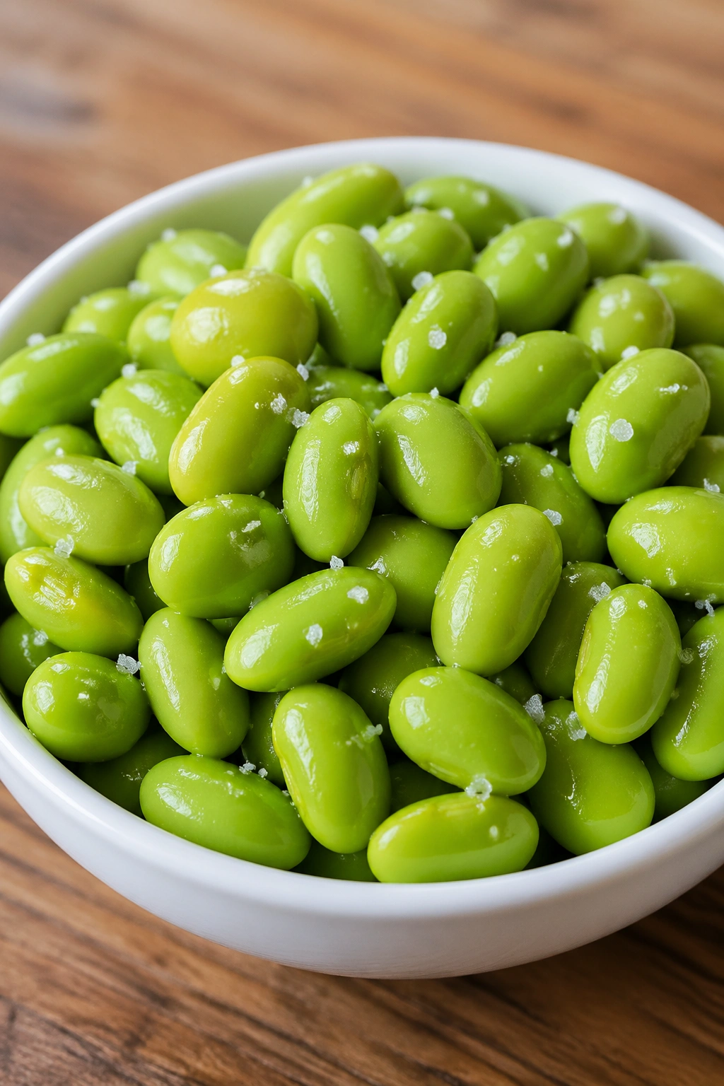 Close-up of shelled edamame beans in a small bowl with bright green color