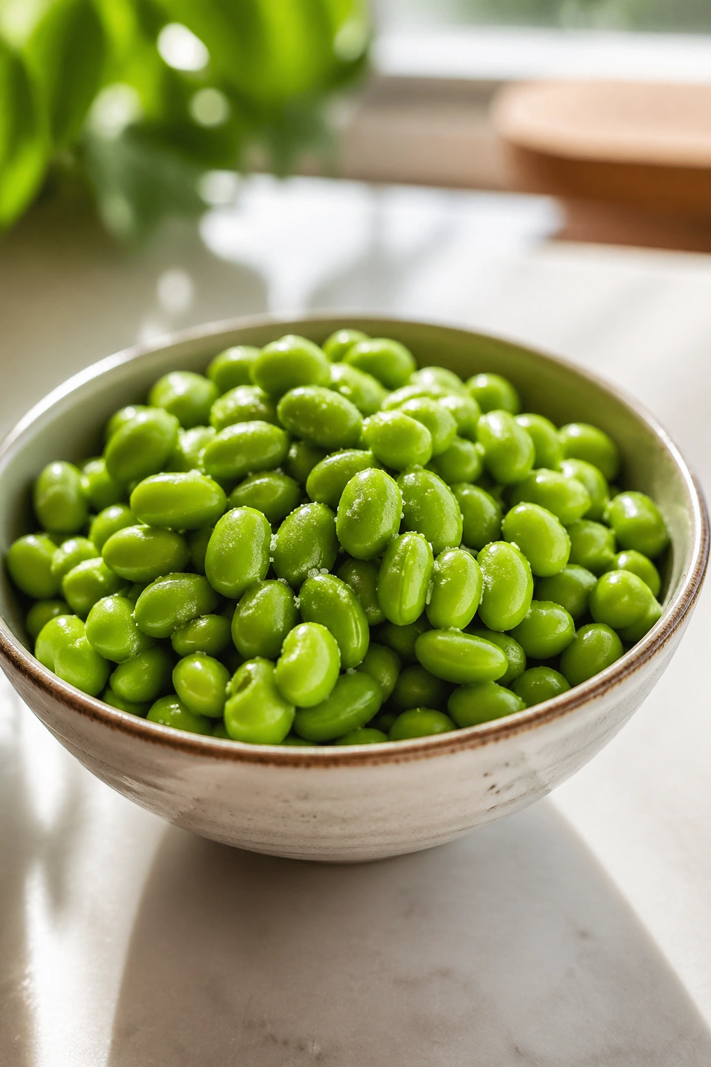 Close-up of shelled edamame in a bowl on a bright kitchen counter
