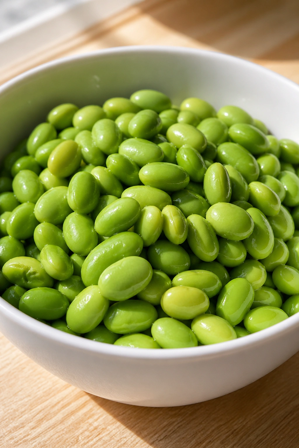 Close-up of shelled edamame in a white bowl