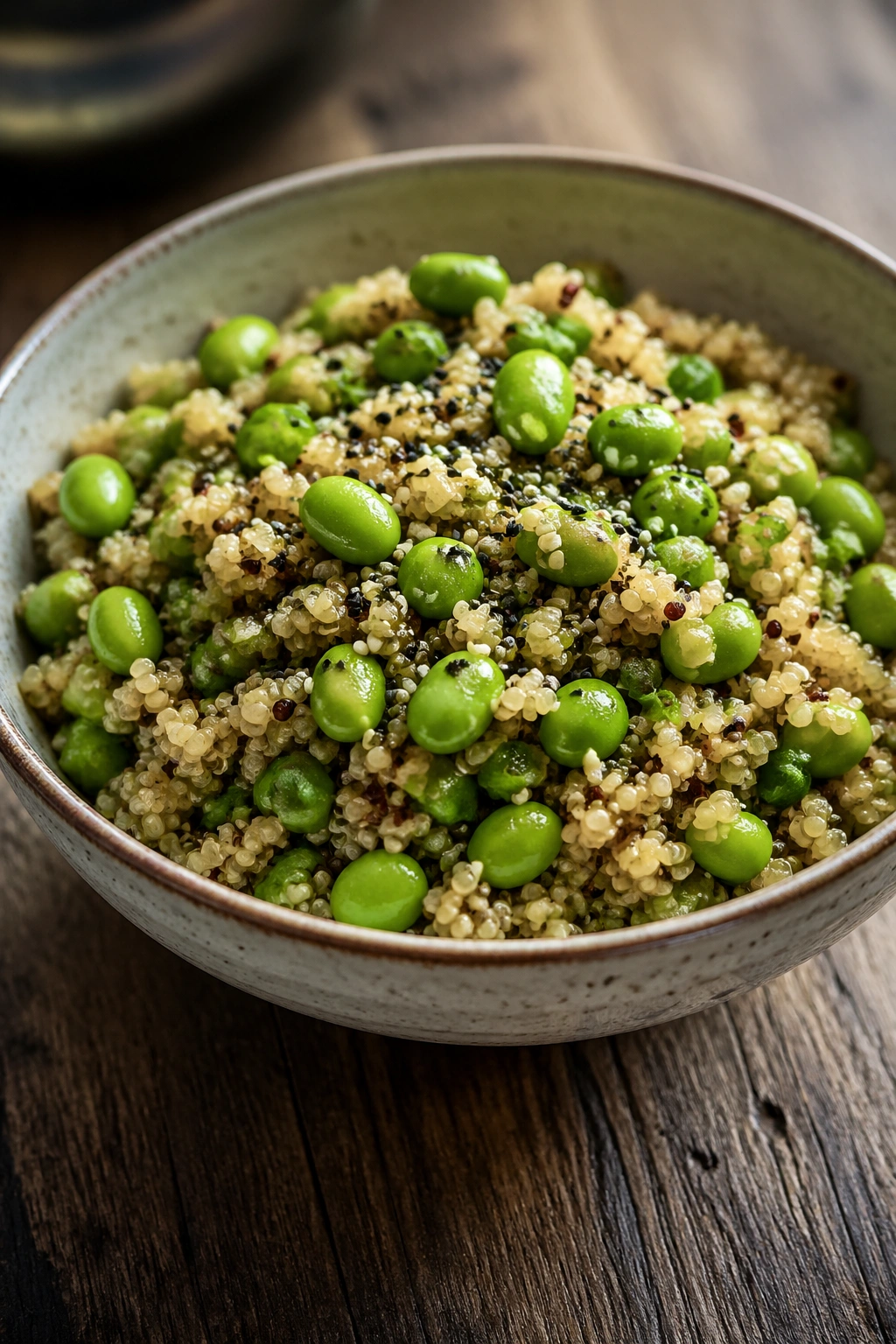 Bowl of edamame and quinoa on a wooden table