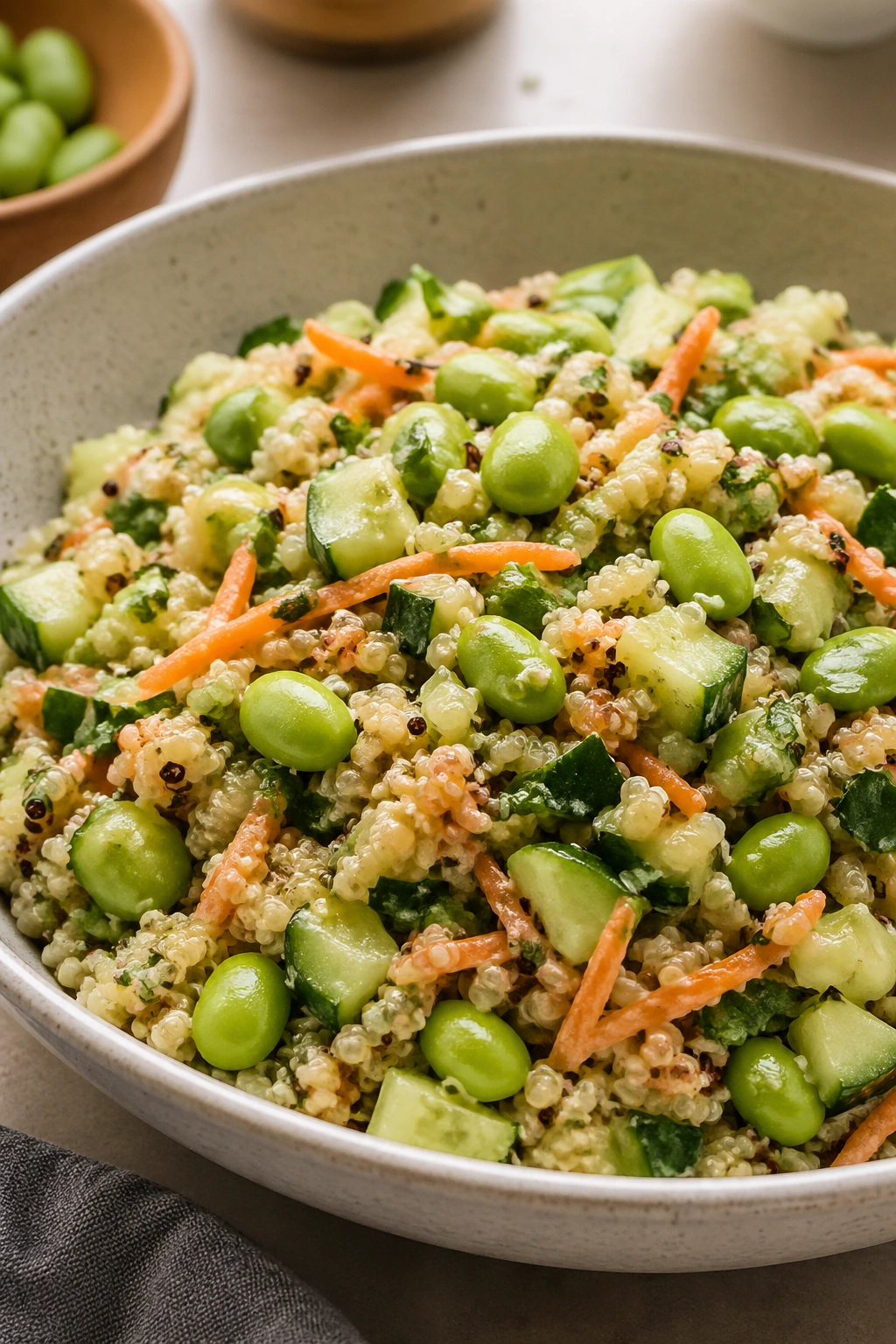 Close-up of edamame quinoa salad with cucumbers and herbs