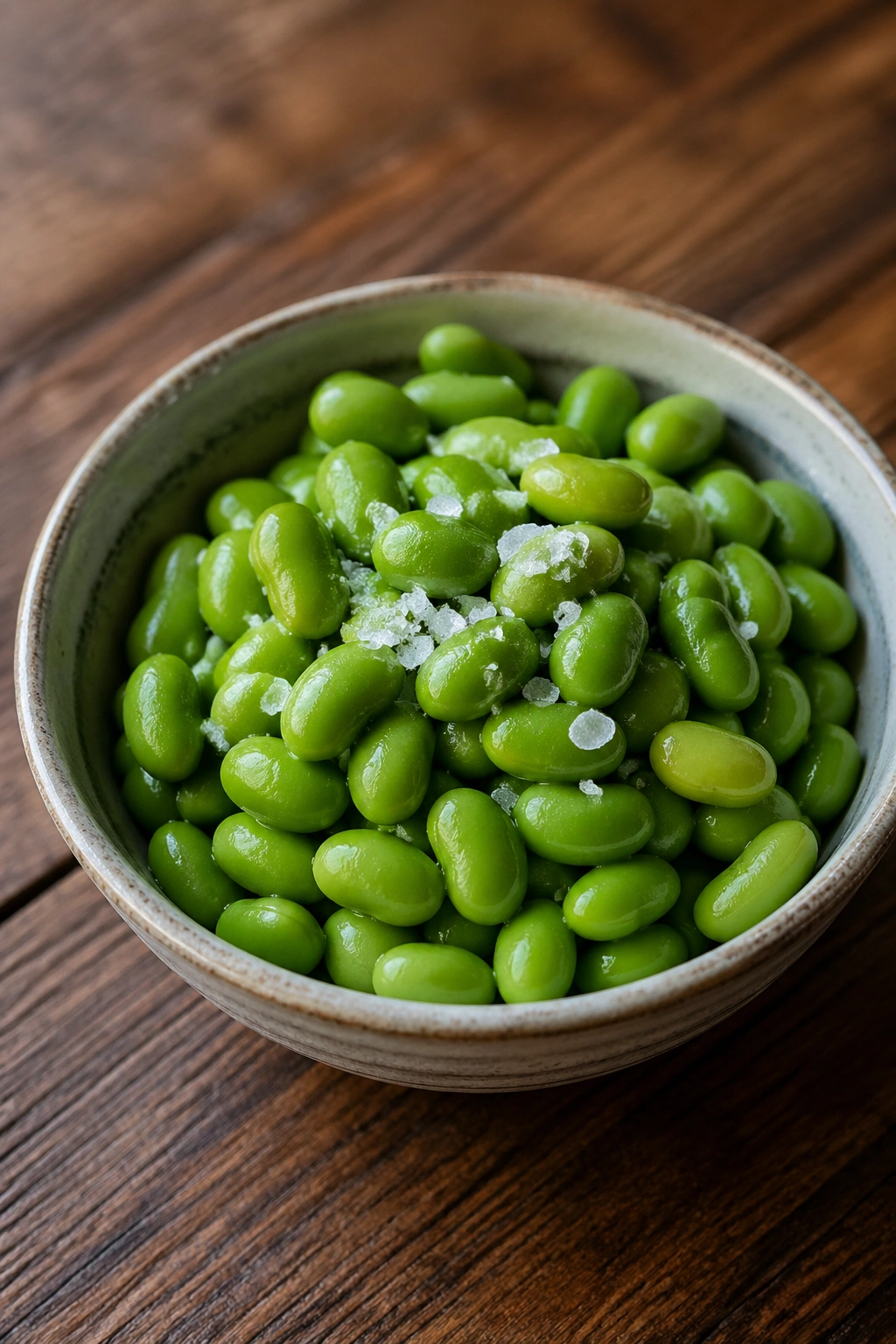 Edamame with flaky salt close-up