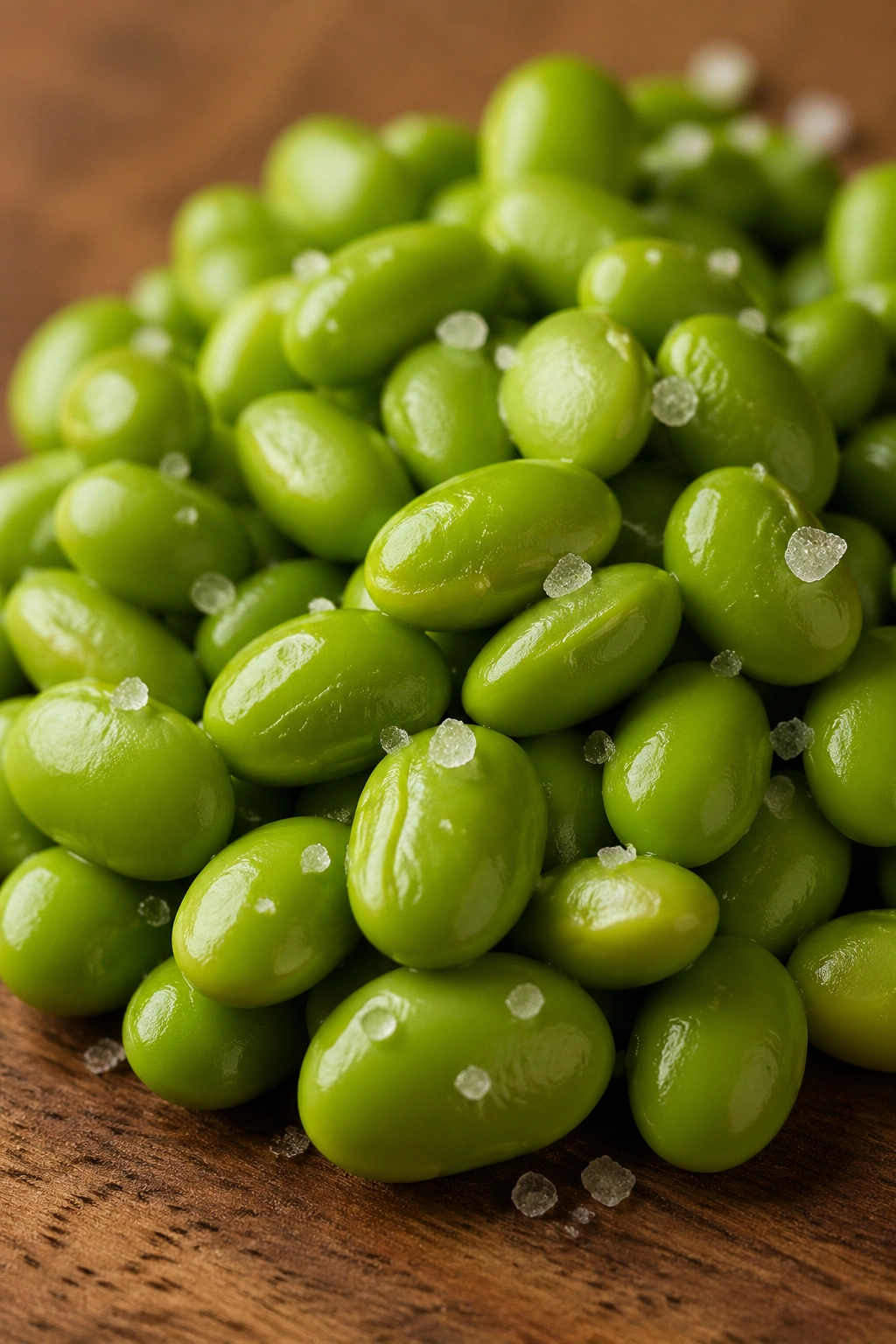 Close-up of shelled edamame with sea salt on a wooden surface