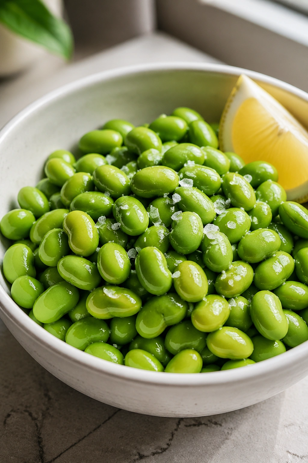 Close-up of shelled edamame with sea salt and lemon on a white bowl
