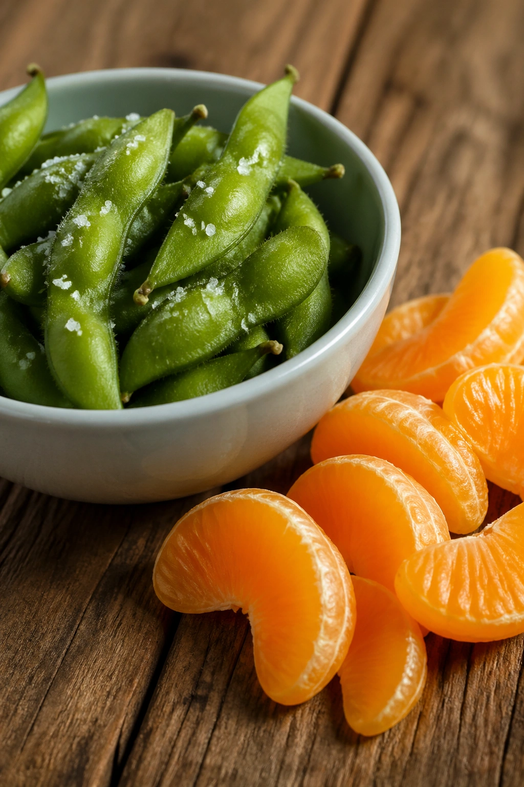 Bowl of edamame with sea salt and orange segments on a wooden table