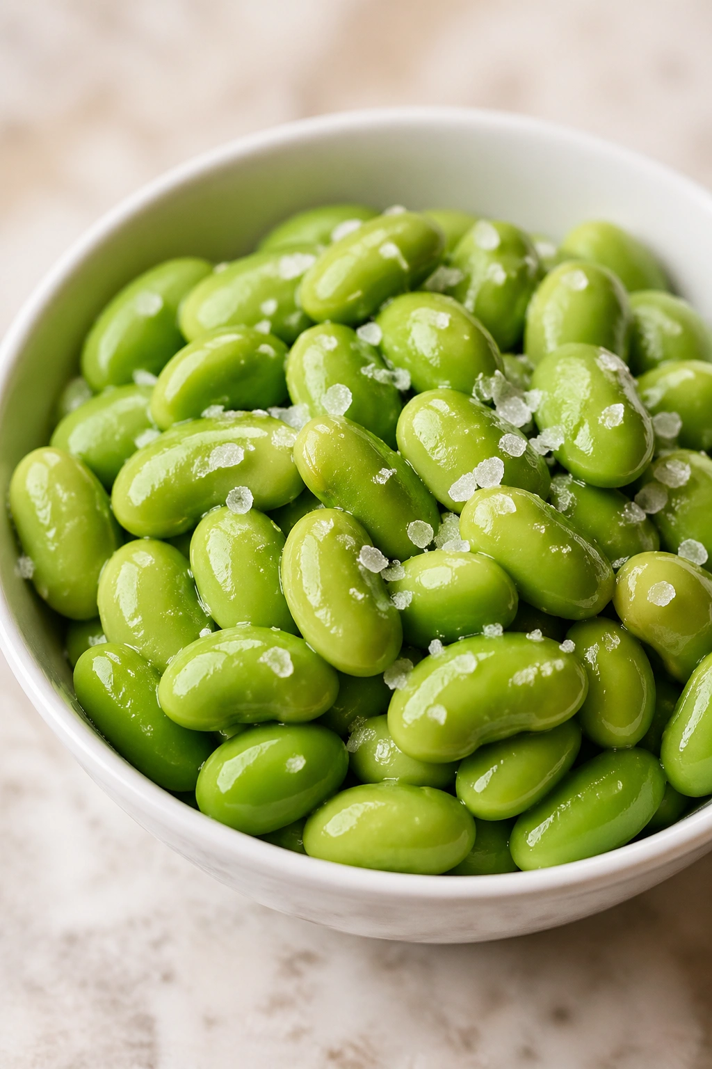 Close-up of shelled edamame with sea salt on a dish, post-workout snack