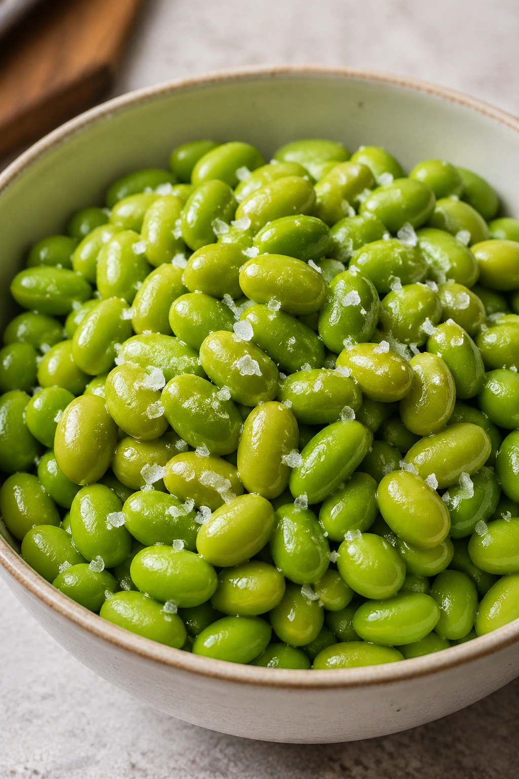 Bowl of shelled edamame with sea salt on a kitchen counter.