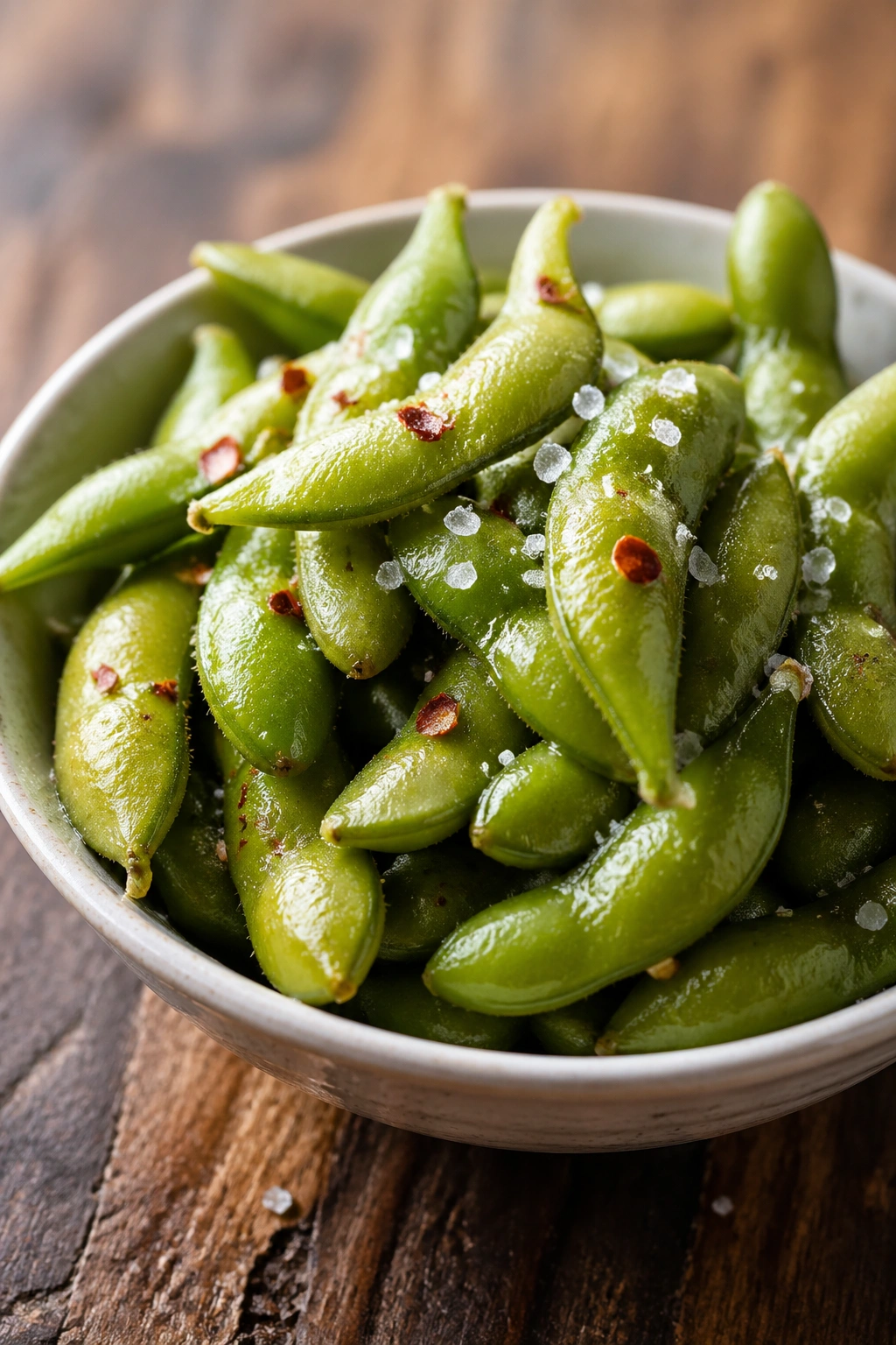 Close-up of steamed edamame with sea salt and chili flakes