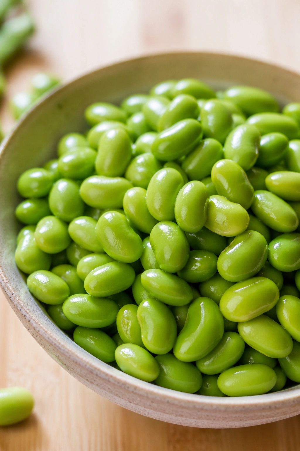 Close-up of a bowl of shelled edamame on a light wooden surface