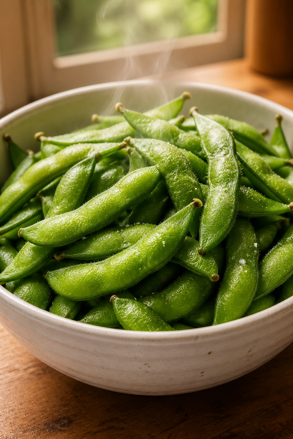 Close-up of bright green edamame pods filling a white bowl in a sunny kitchen.
