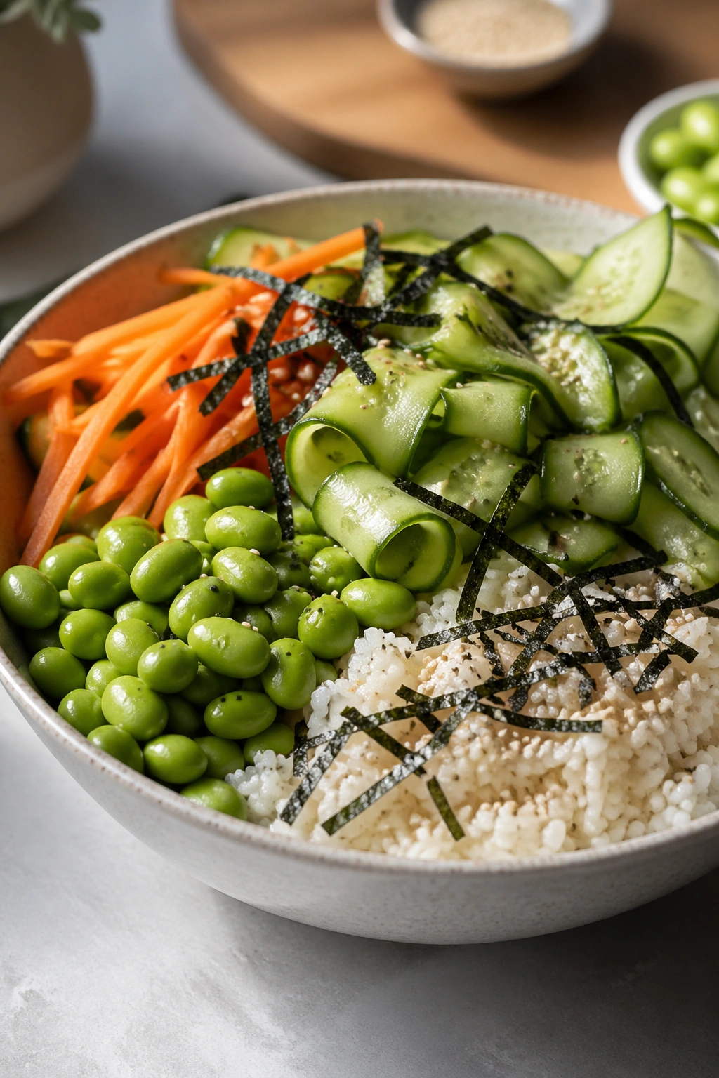 Edamame sushi bowl with rice and nori in a bowl