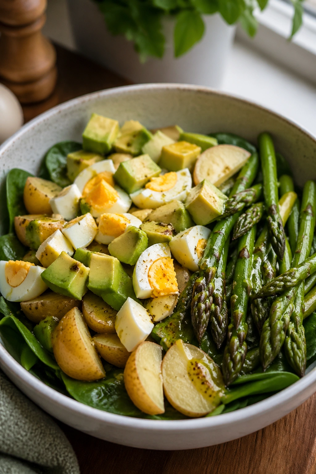 Close-up of egg avocado potato asparagus salad in a bowl