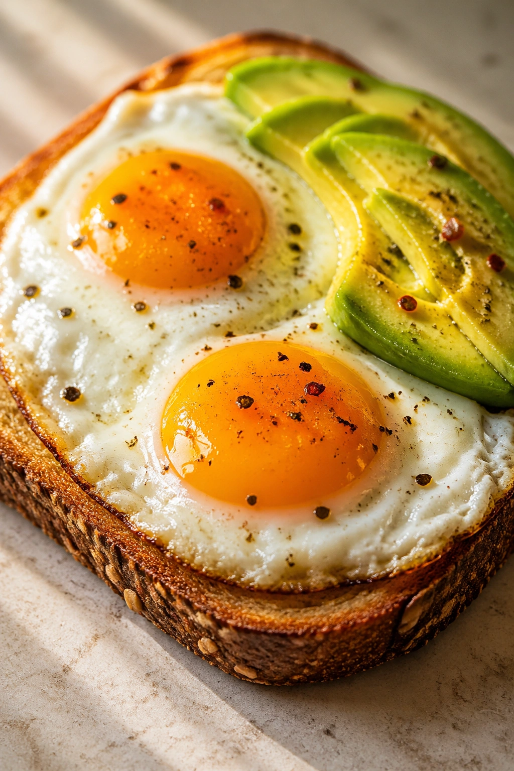 Close-up of egg and avocado toast on whole-grain bread in a warm morning kitchen
