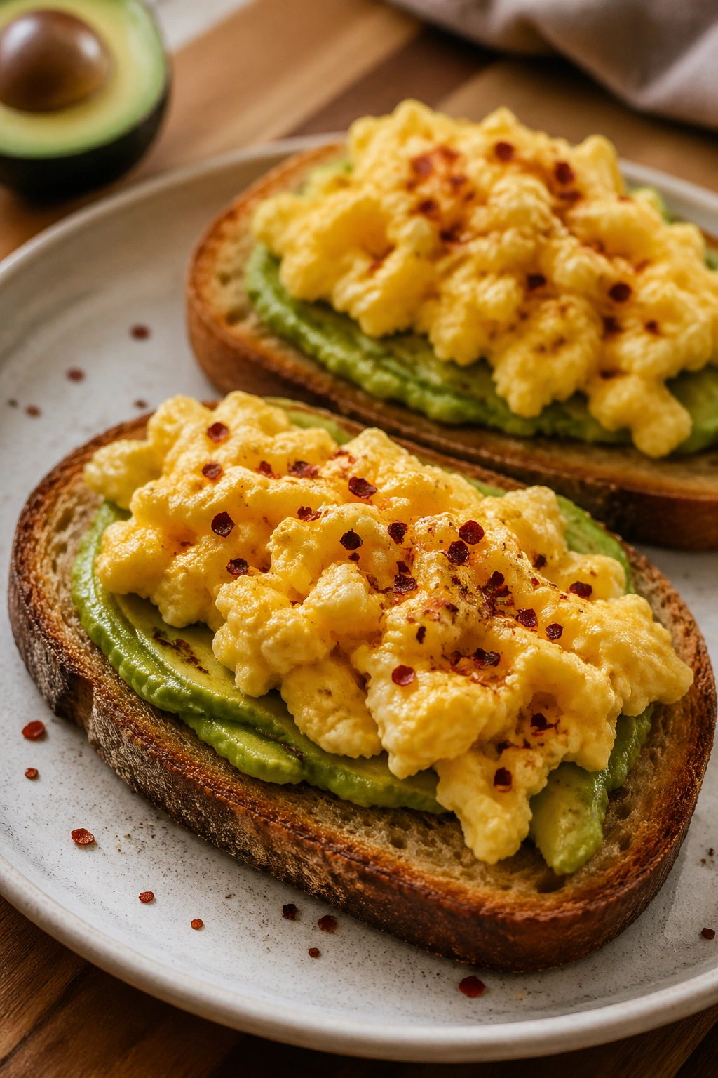 Egg and avocado toast with chili flakes on a plate