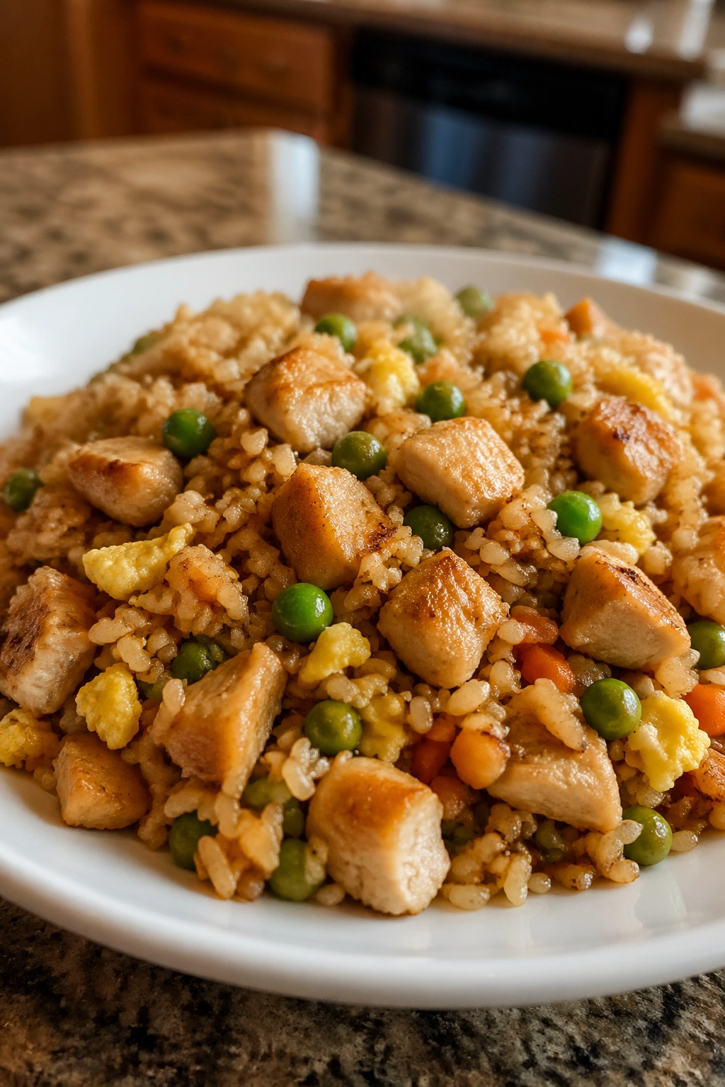 Close-up of egg fried rice with peas and chicken on a plate