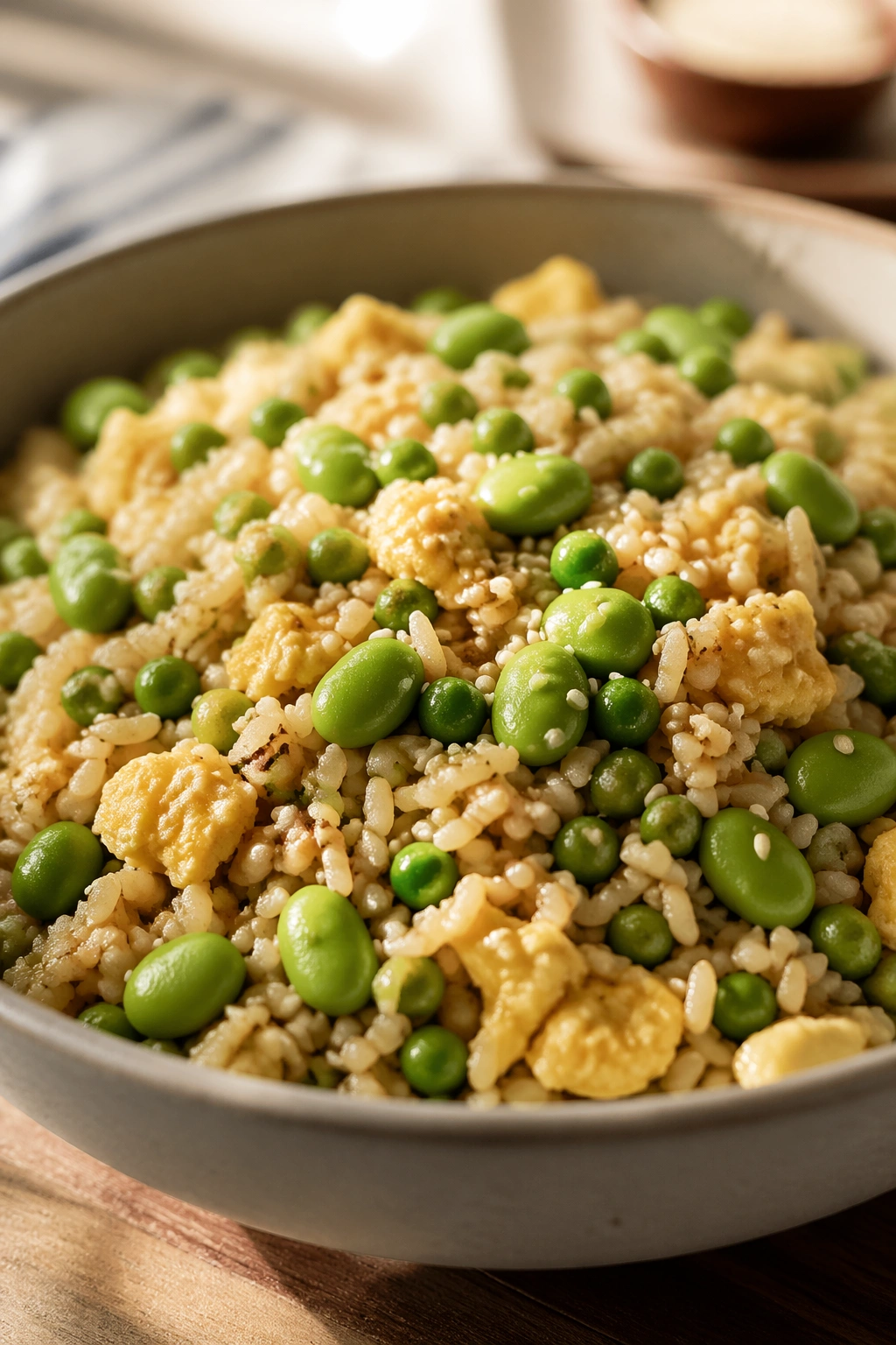 Egg fried rice with edamame and peas in a bowl