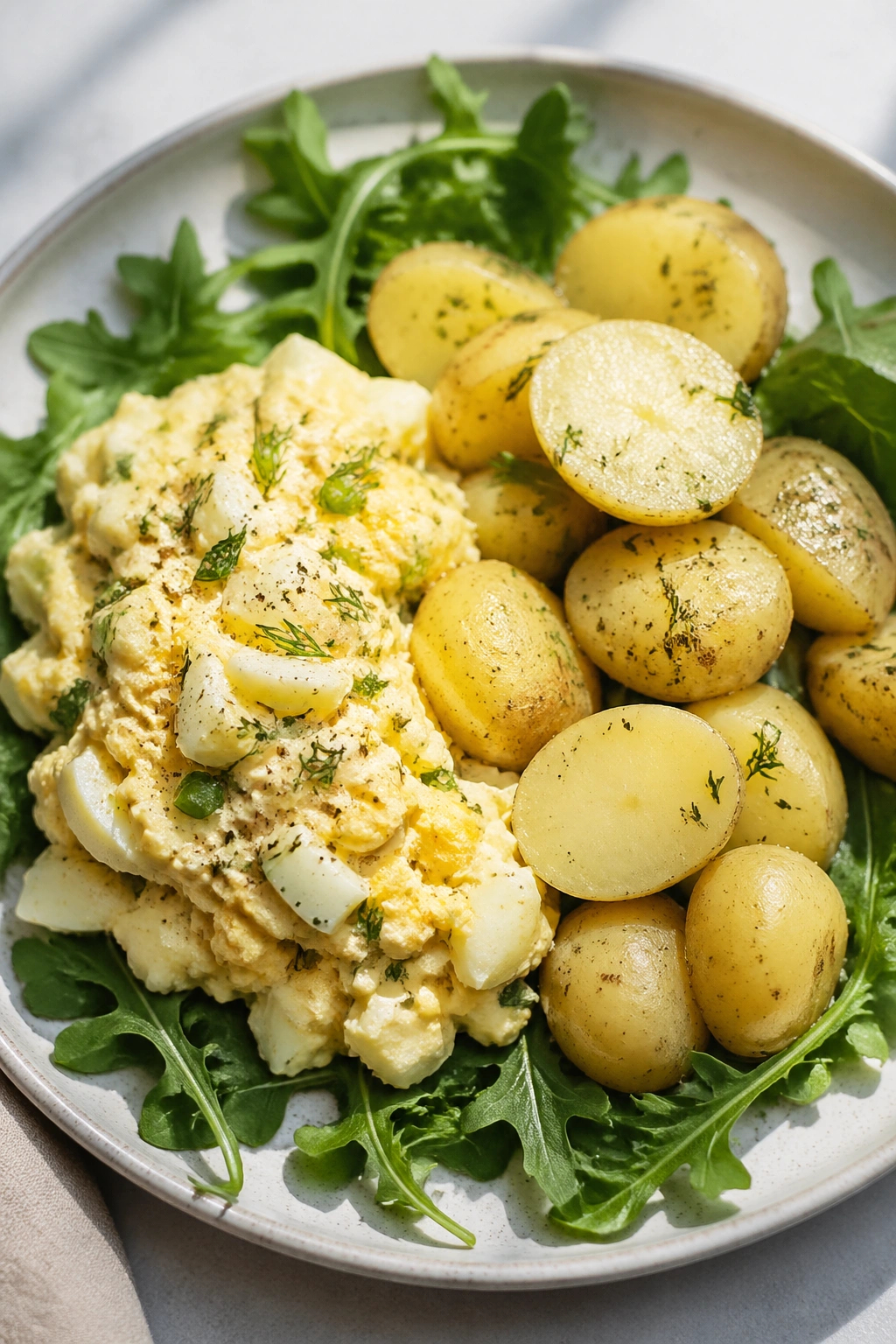 Close-up plate with egg salad, potatoes and greens for post-workout lunch
