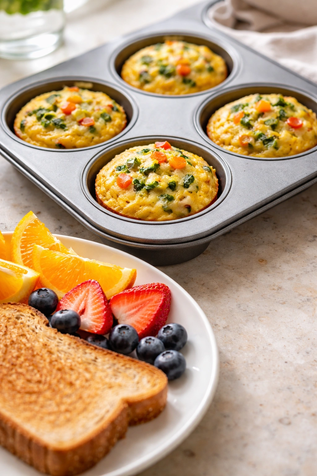 Golden egg muffins on a muffin tin with fruit and toast