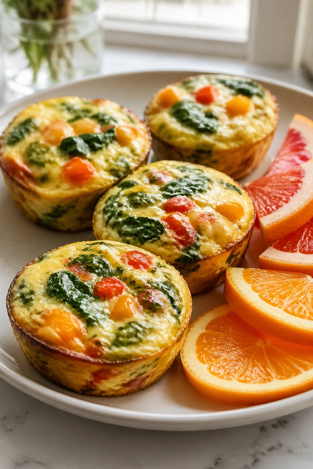 Close-up of veggie egg muffins with citrus slices on a plate