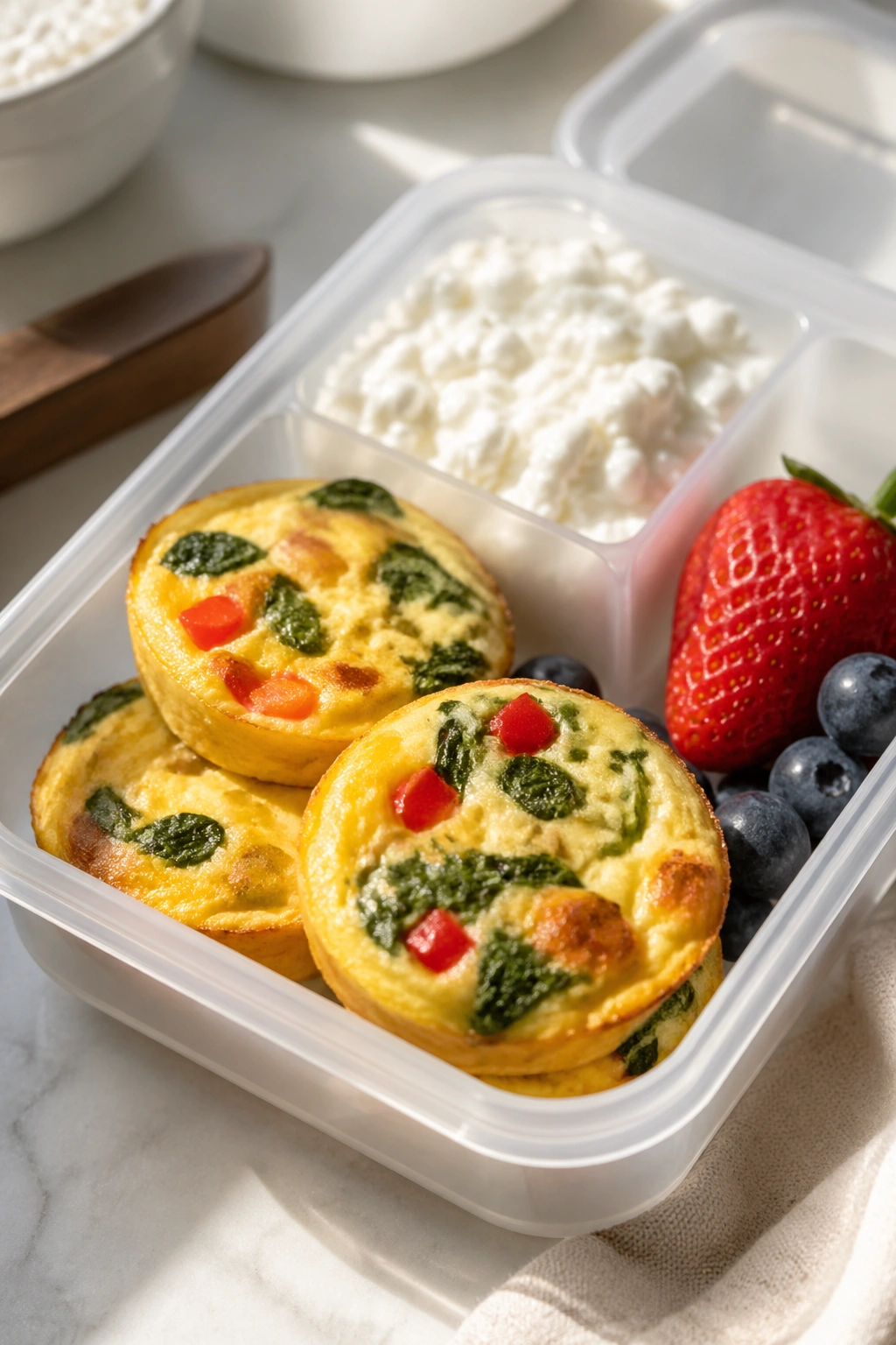 Egg muffins with cottage cheese and fruit in a breakfast box on a kitchen counter