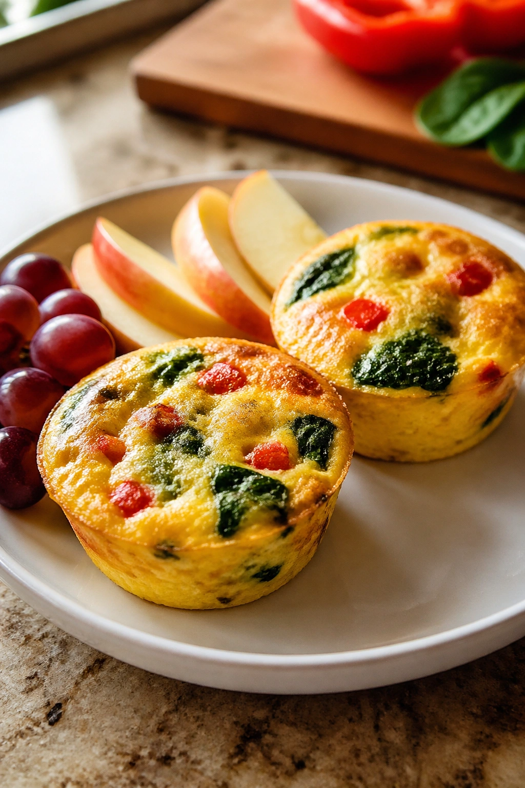 Close-up of egg muffins with spinach and fruit on a plate in a warm kitchen setting