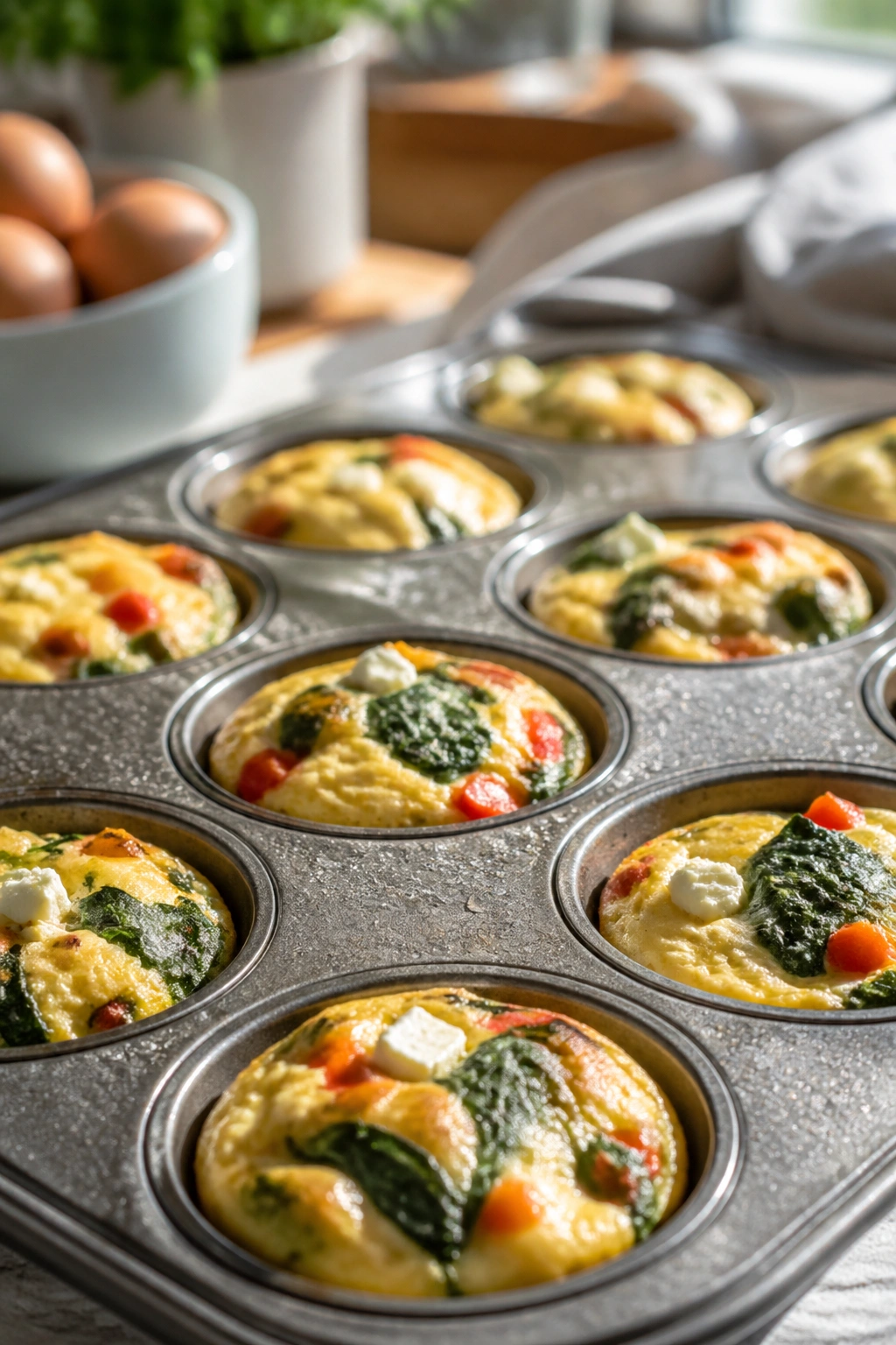 Egg muffins in a muffin tin on a bright kitchen counter