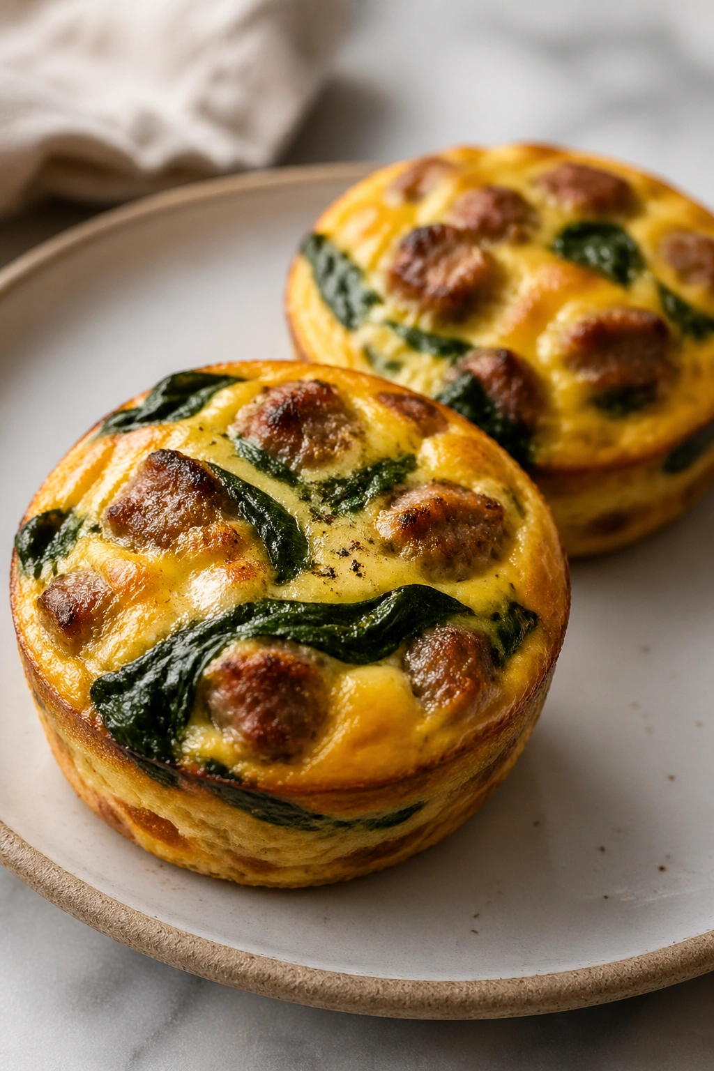 Two egg muffins with sausage and spinach on a plate