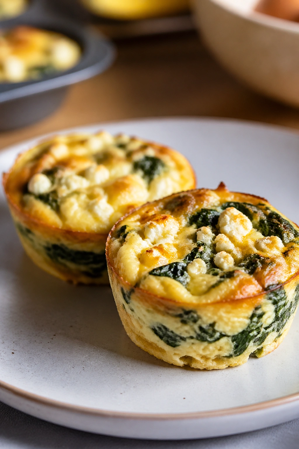 Savory Egg Muffins with Spinach and Feta on plate.