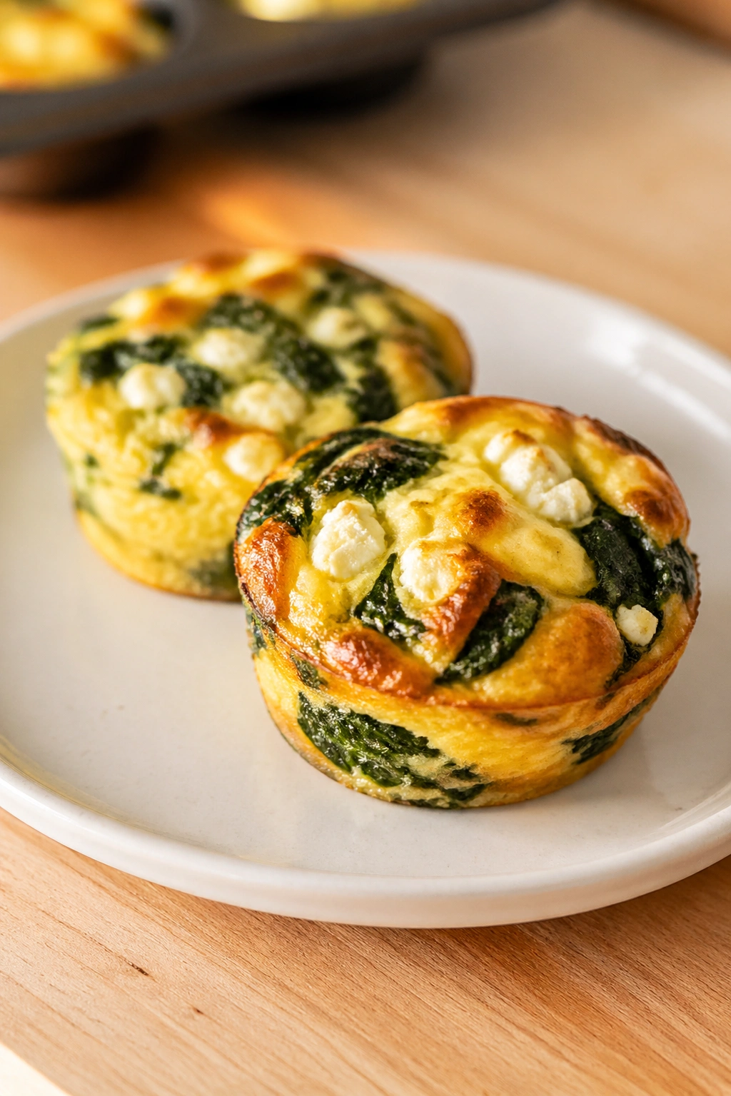 Close-up of spinach and feta egg muffins on plate