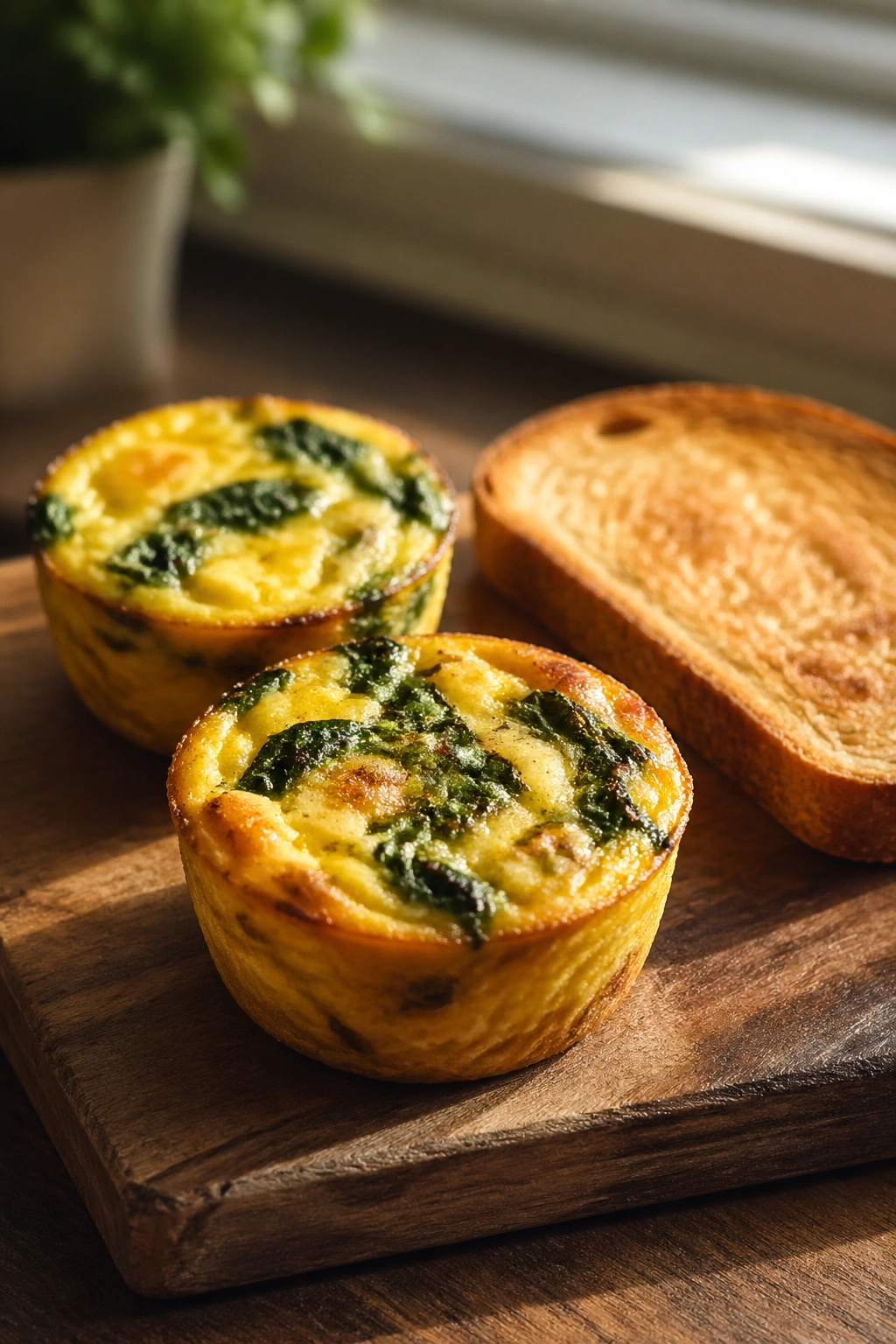 Close-up of egg muffins with toast on a rustic board in warm kitchen light