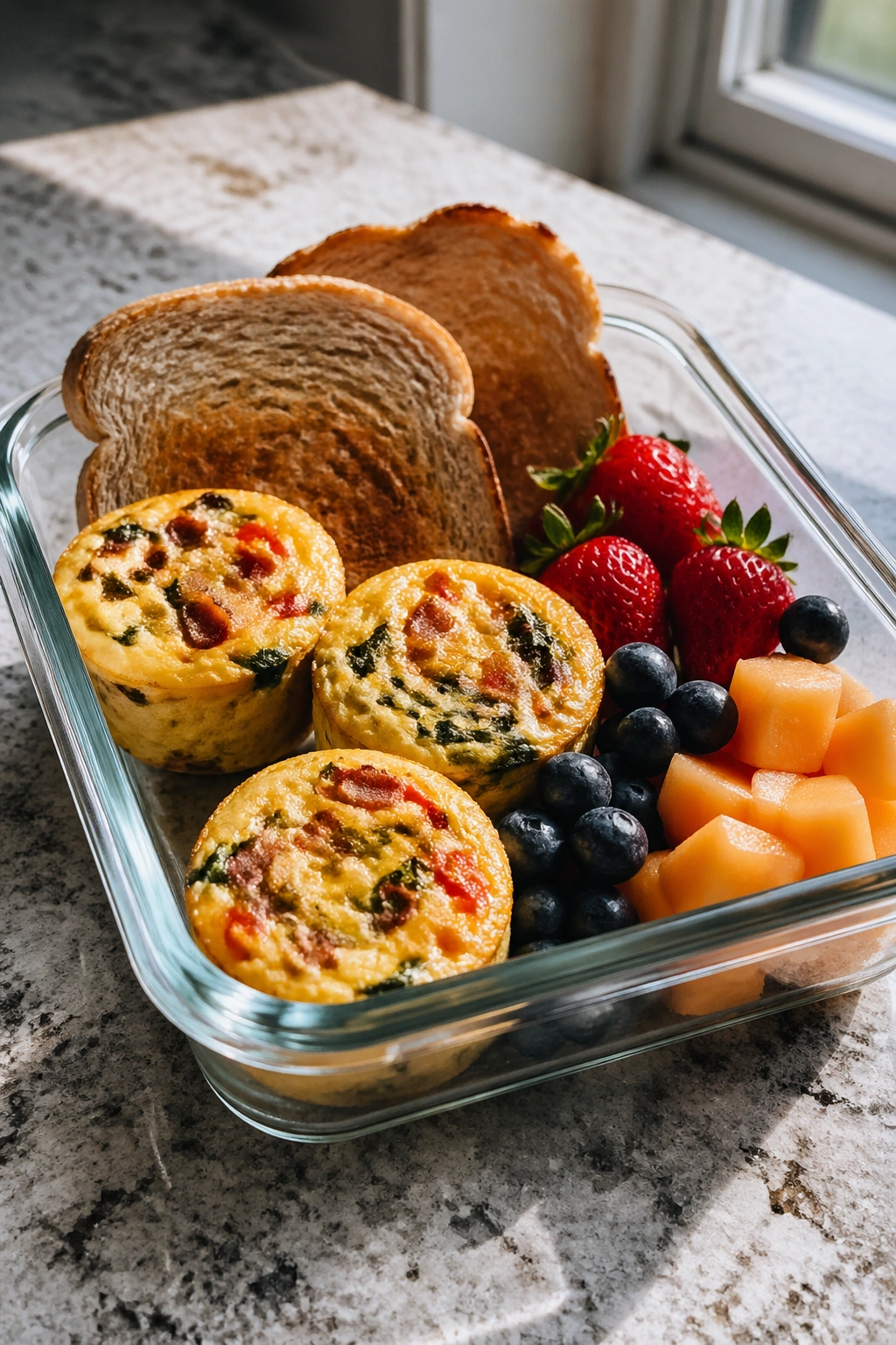 Egg muffin meal prep box with toast and fruit on kitchen counter