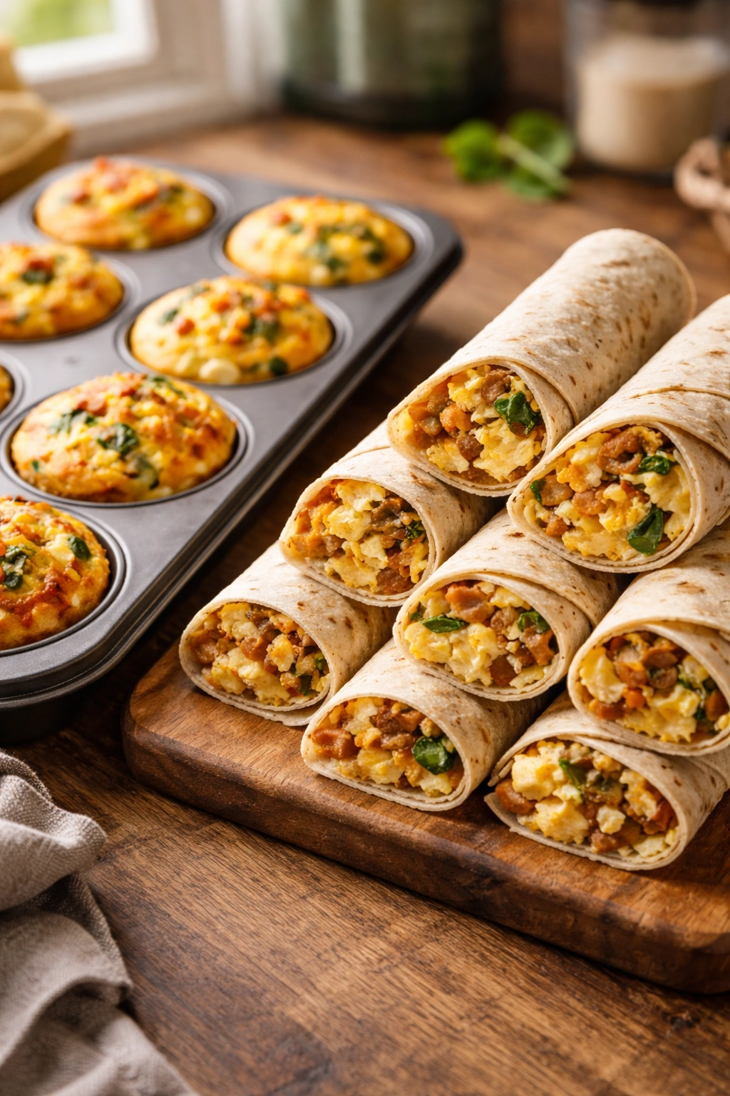 Close-up of egg muffins and breakfast wraps on a wooden counter, freshly baked and ready to grab.