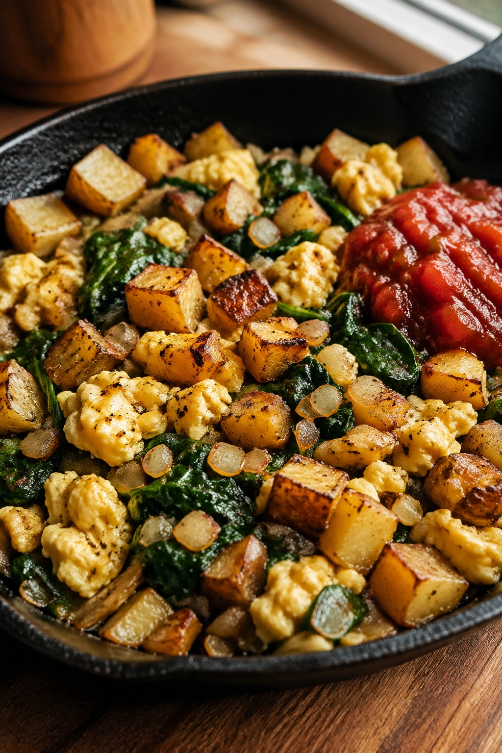 Close-up of Egg and Potato Hash with Spinach and Salsa