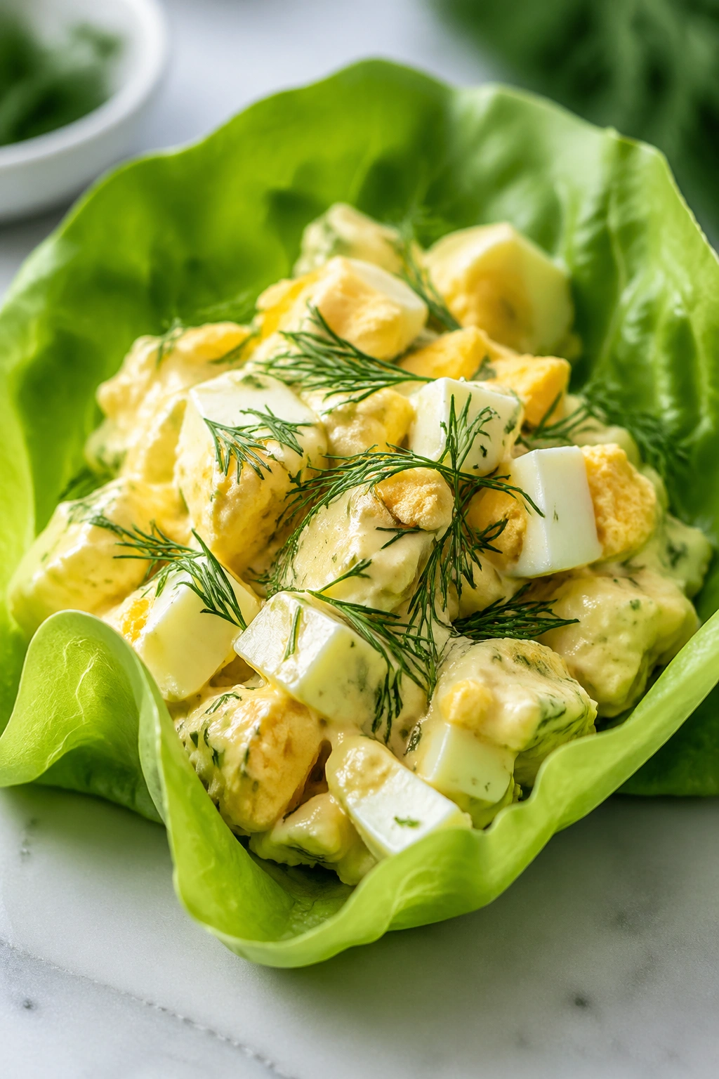 Close-up of egg salad in a lettuce cup with dill on a kitchen counter