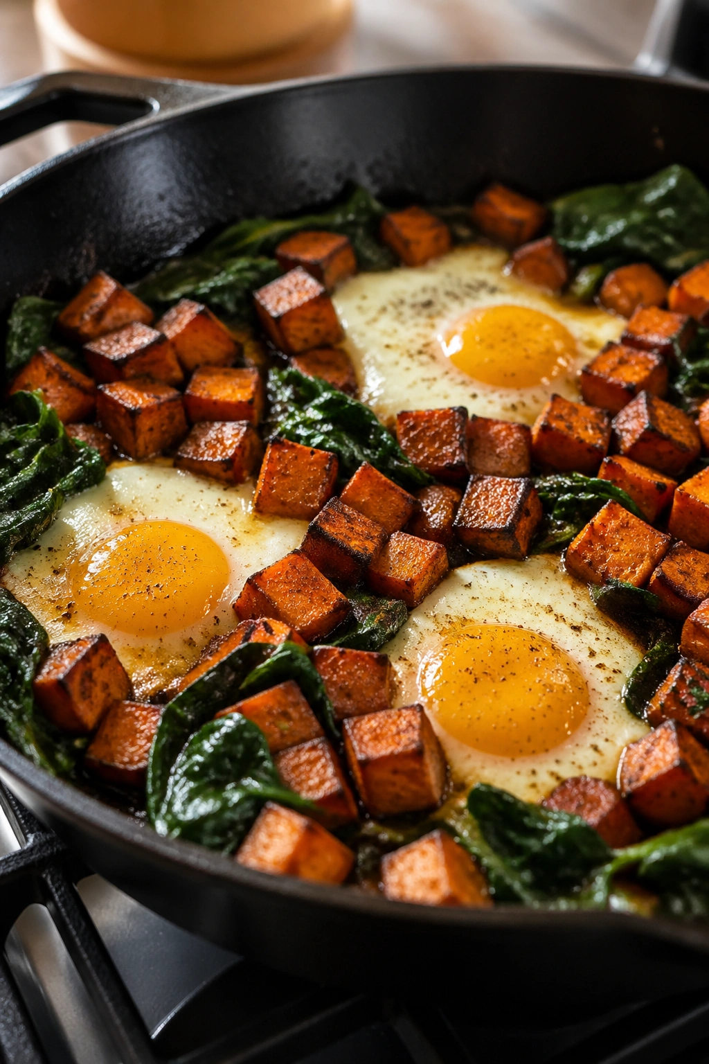 Close-up of egg and sweet potato skillet on a stove