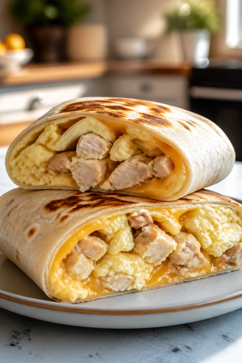 Half-cut breakfast burrito revealing egg white and turkey filling.