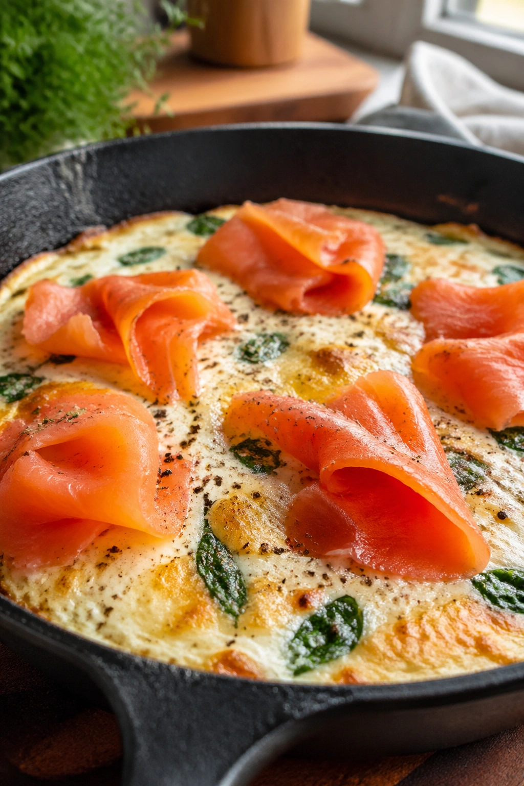 Egg white frittata with smoked salmon on a skillet
